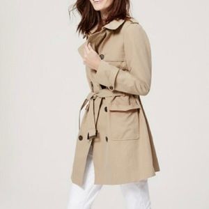 Ann Taylor LOFT Classic Tan Orange-Red Pop Belted Double Breasted Trench Coat